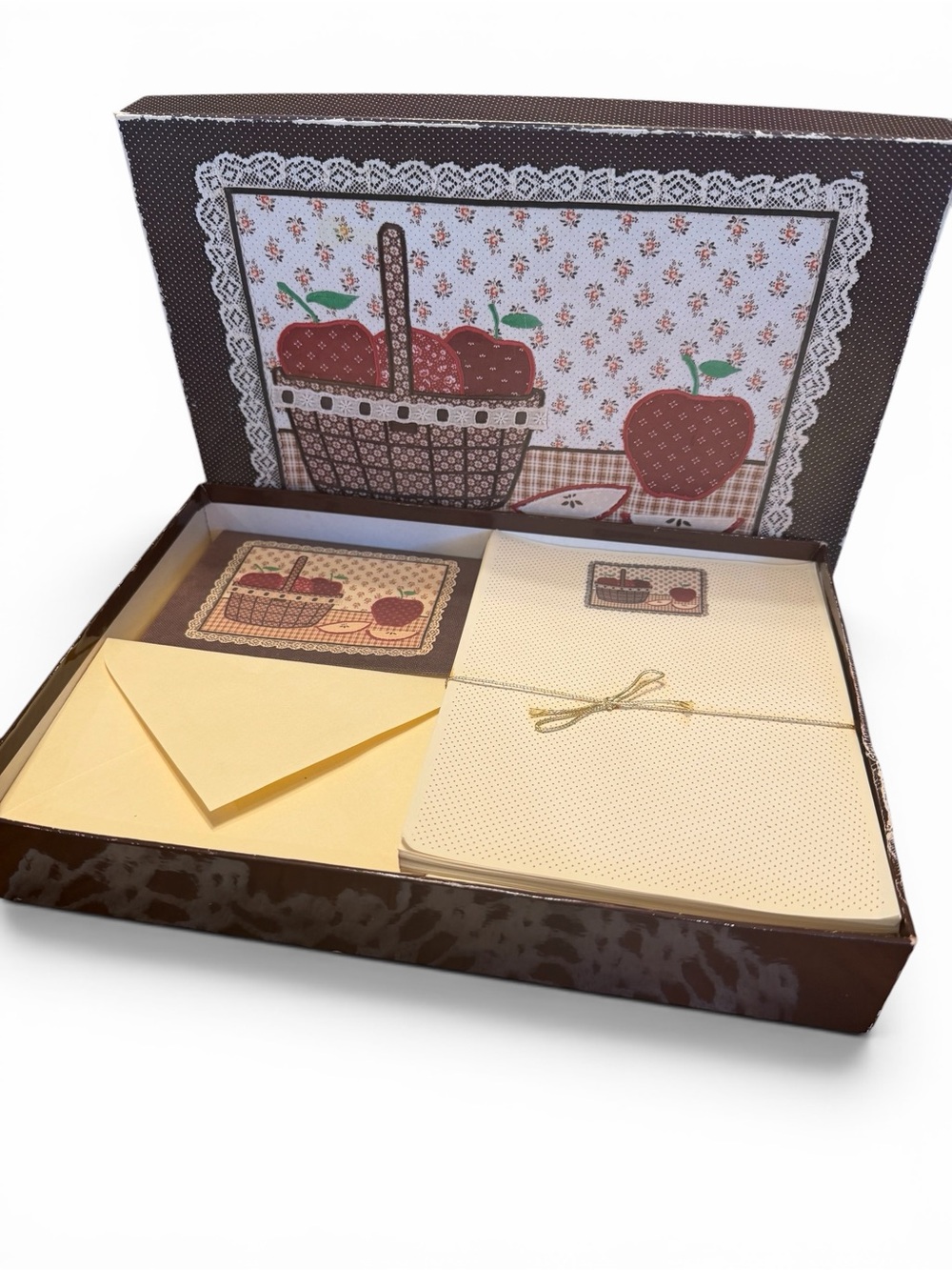 Vintage 1983 Montag Country Appliqué Stationery Set Complete Mead Apple Basket
